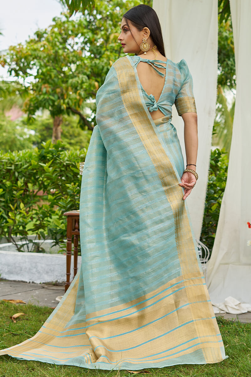 Captivating Sky Cotton Silk Saree With Surpassing Blouse Piece