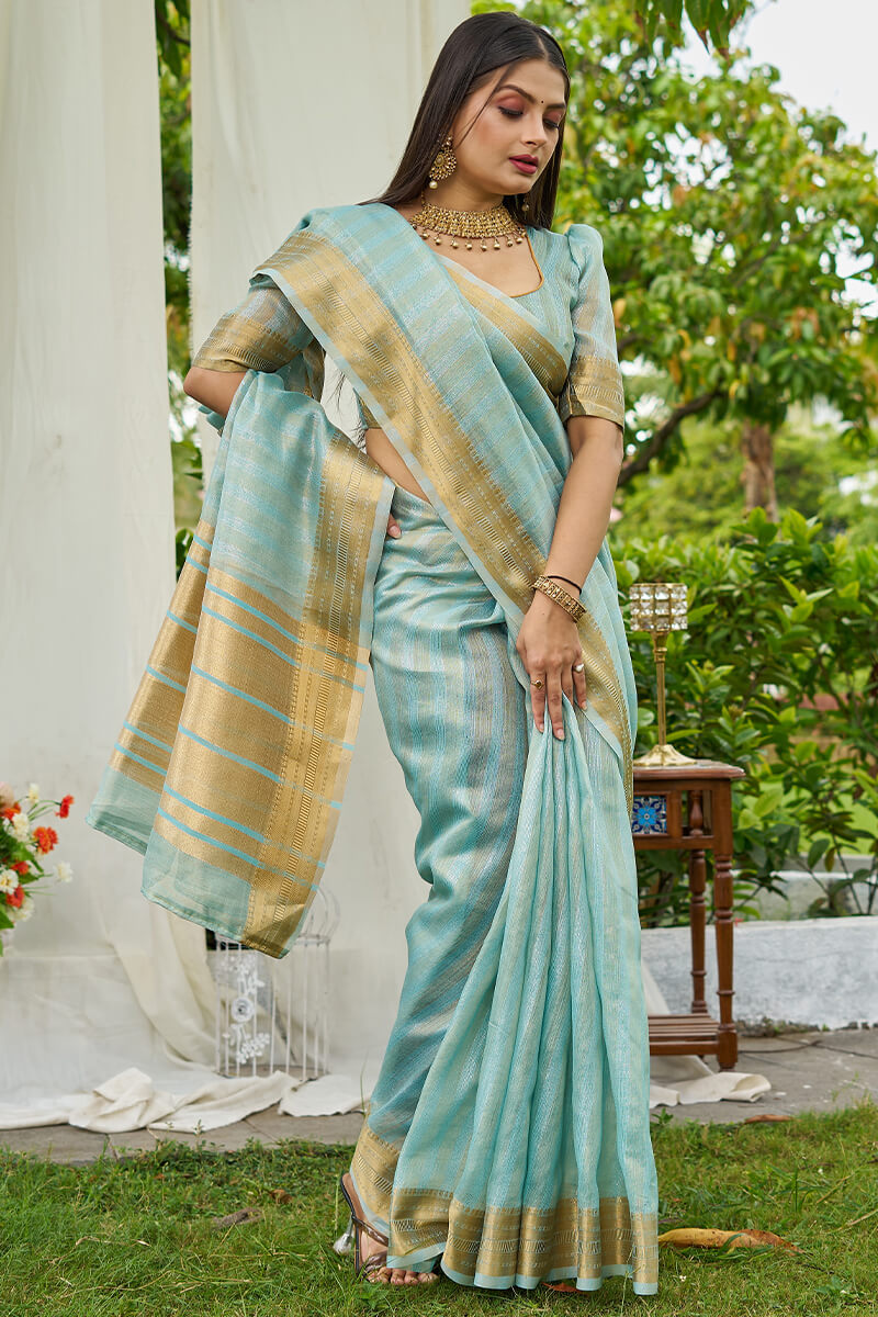 Captivating Sky Cotton Silk Saree With Surpassing Blouse Piece