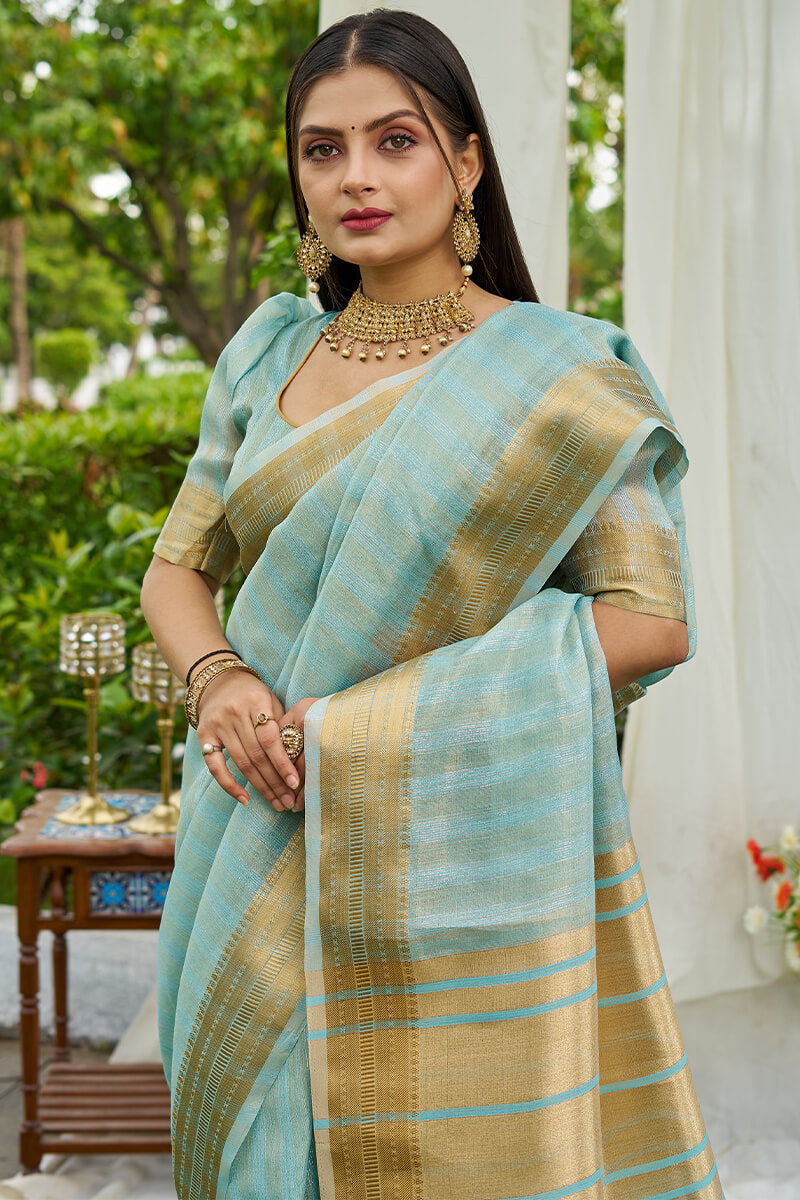 Captivating Sky Cotton Silk Saree With Surpassing Blouse Piece