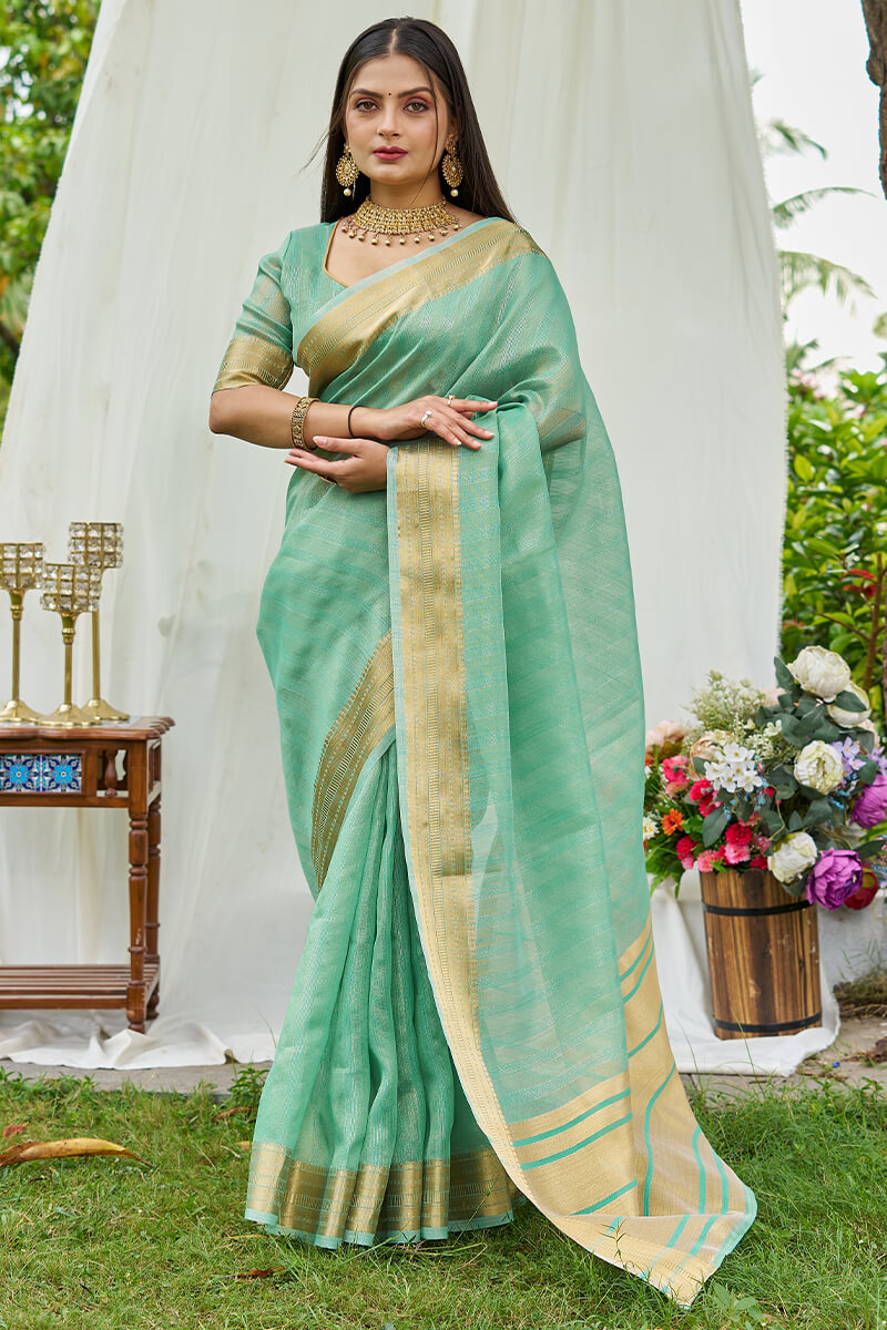 Tantalizing Turquoise Cotton Silk Saree With Zephyr Blouse Piece
