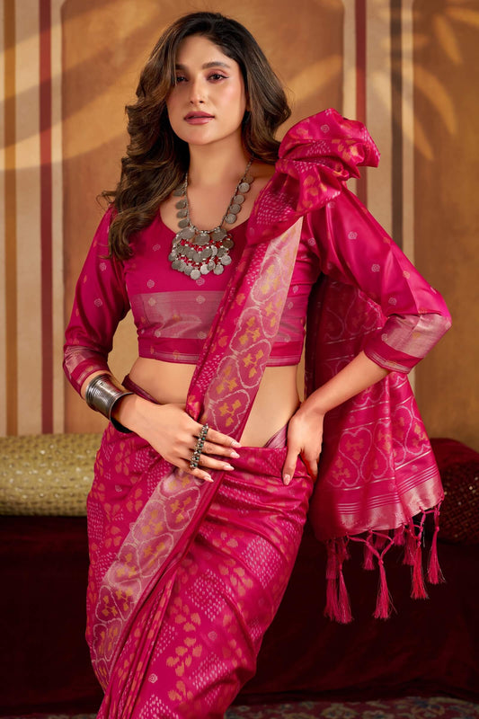 Pulsating Dark Pink Patola Silk Saree with Classic Blouse Piece