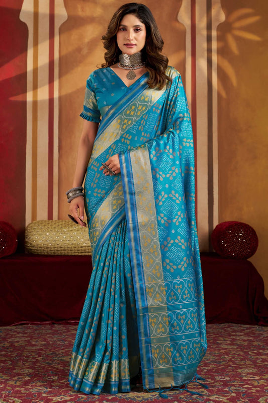 Delightful Firozi Patola Silk Saree with Marvellous Blouse Piece