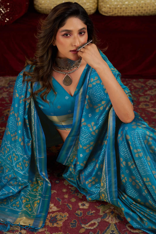 Delightful Firozi Patola Silk Saree with Marvellous Blouse Piece