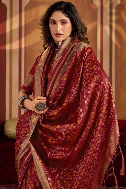 Glorious Maroon Patola Silk Saree with Allure Blouse Piece