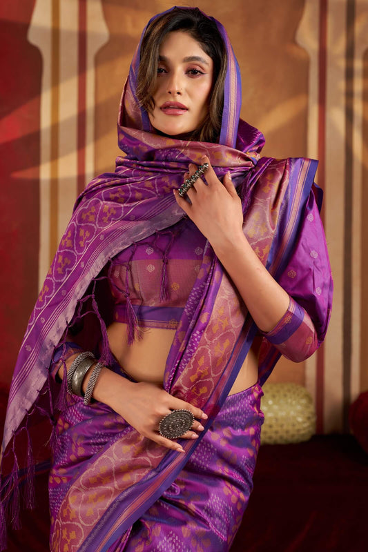 Denouement Purple Patola Silk Saree with Ornate Blouse Piece