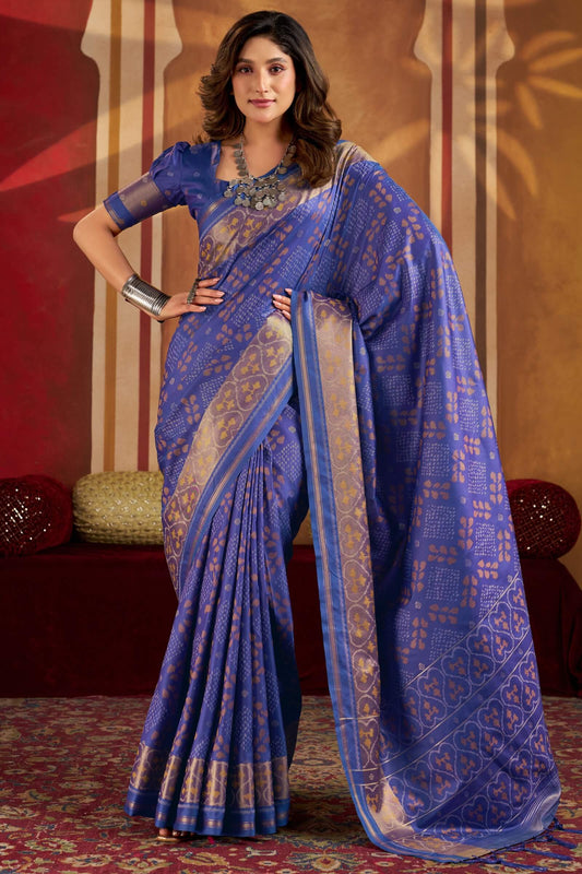 Seraphic Royal Blue Patola Silk Saree with Snappy Blouse Piece