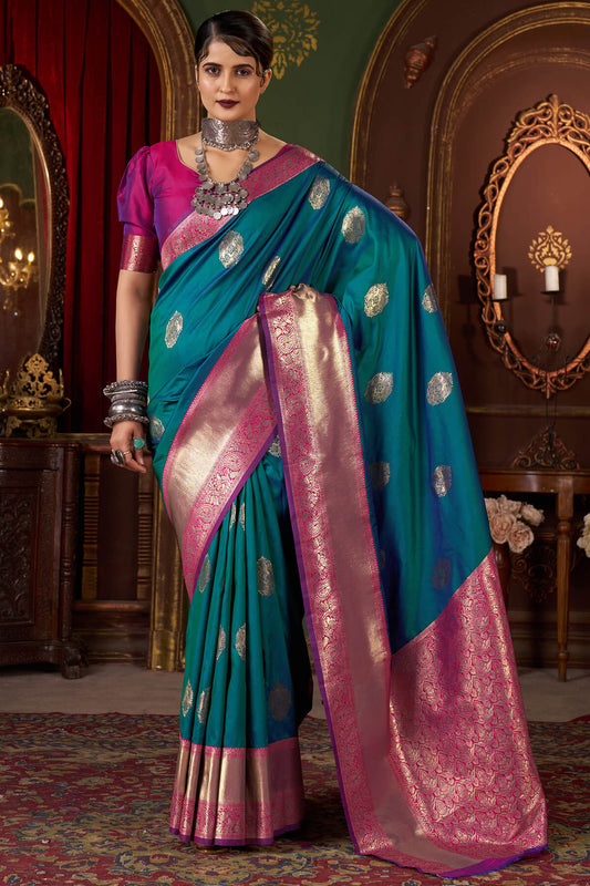Aplomb Rama Pure Zari Weaving Banarasi Silk Saree With Embrocation Blouse Piece