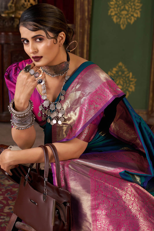 Aplomb Rama Pure Zari Weaving Banarasi Silk Saree With Embrocation Blouse Piece