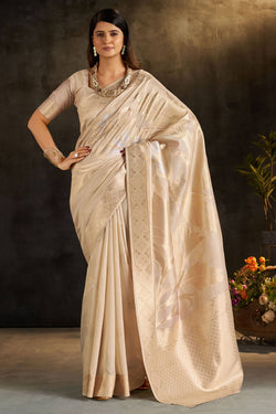 Scintillating Beige Pure Banarasi Silk Saree With Flamboyant Blouse Piece