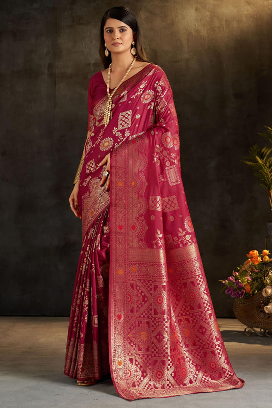 Sophisticated Dark Pink Pure Banarasi Silk Saree With Felicitous Blouse Piece