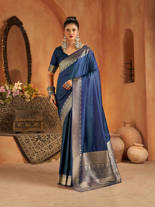 Engrossing Blue Pure Banarasi Silk Saree With Demesne Blouse Piece
