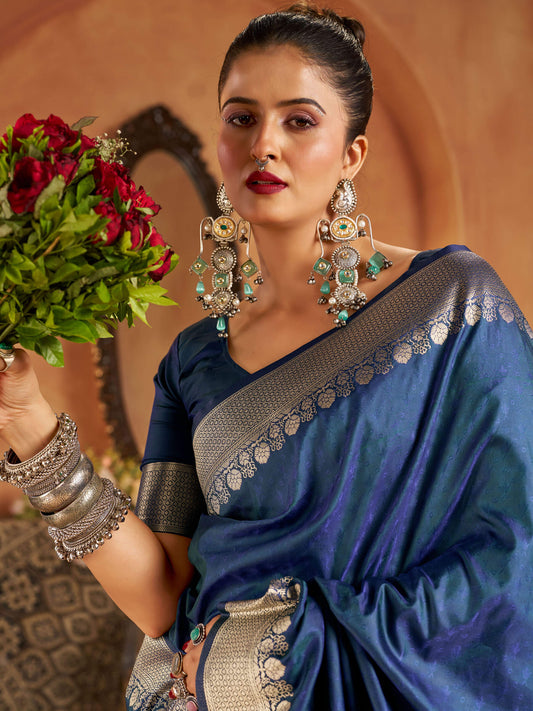 Engrossing Blue Pure Banarasi Silk Saree With Demesne Blouse Piece