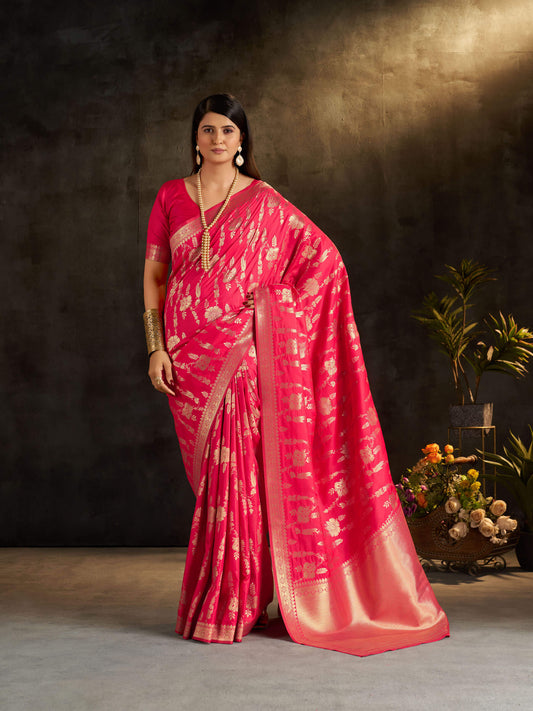 Delectable Dark Pink Pure Banarasi Silk Saree With Effulgent Blouse Piece