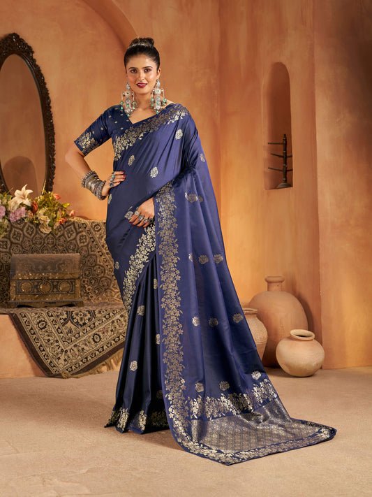 Angelic Navy Blue Pure Banarasi Silk Saree With Winsome Blouse Piece