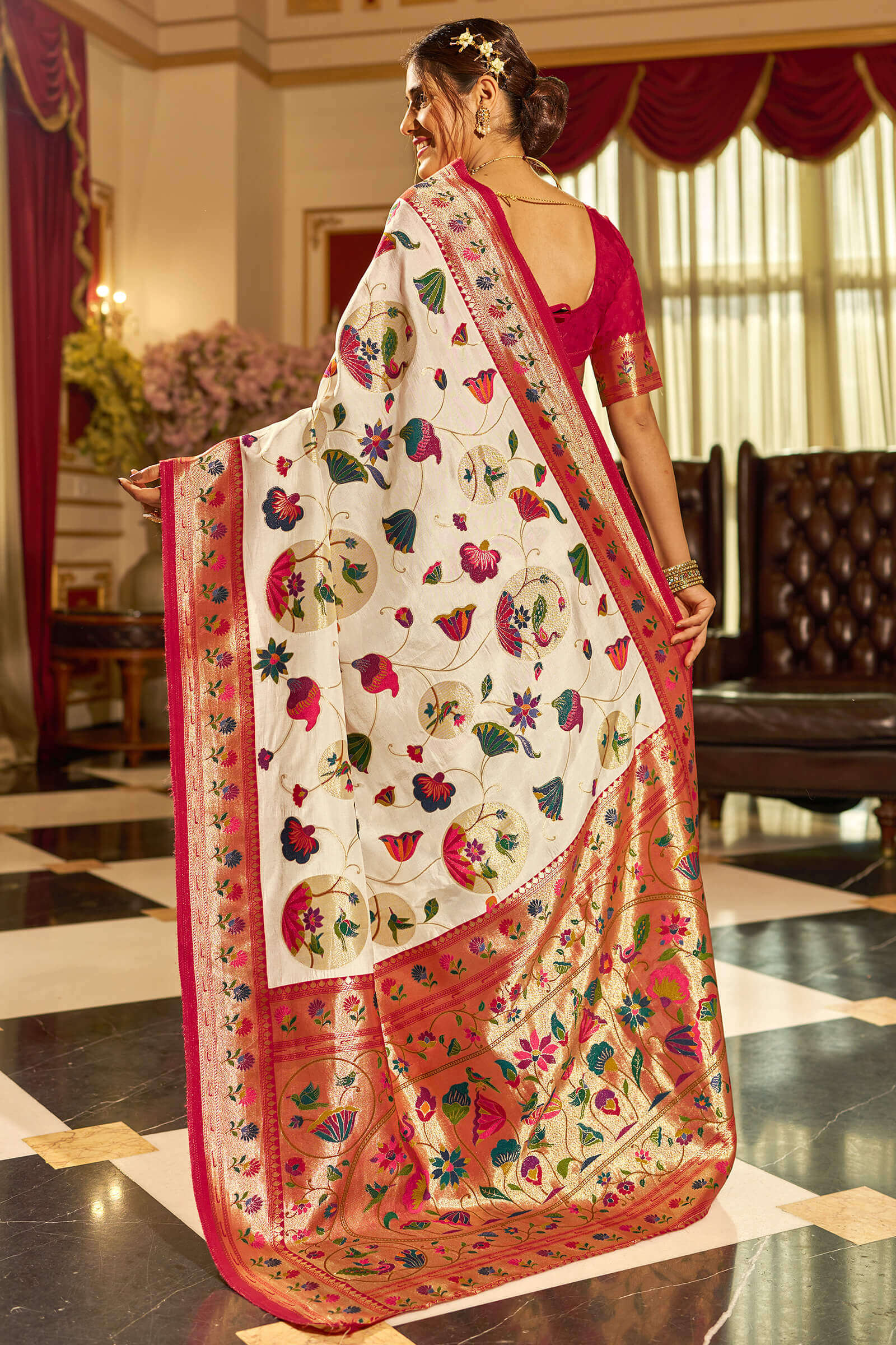 Precious Off White Paithani Silk Saree With Exuberant Blouse Piece