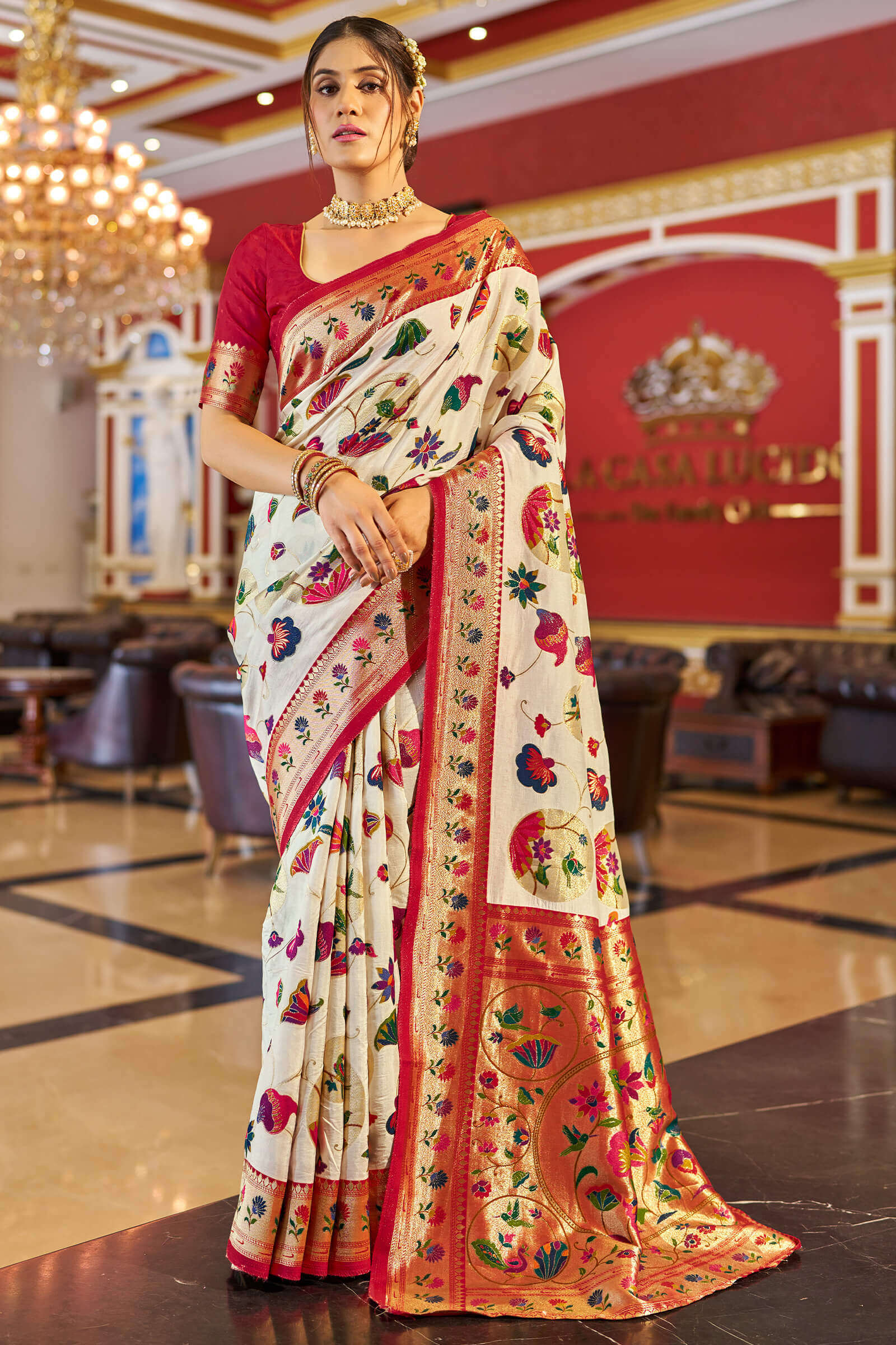 Precious Off White Paithani Silk Saree With Exuberant Blouse Piece