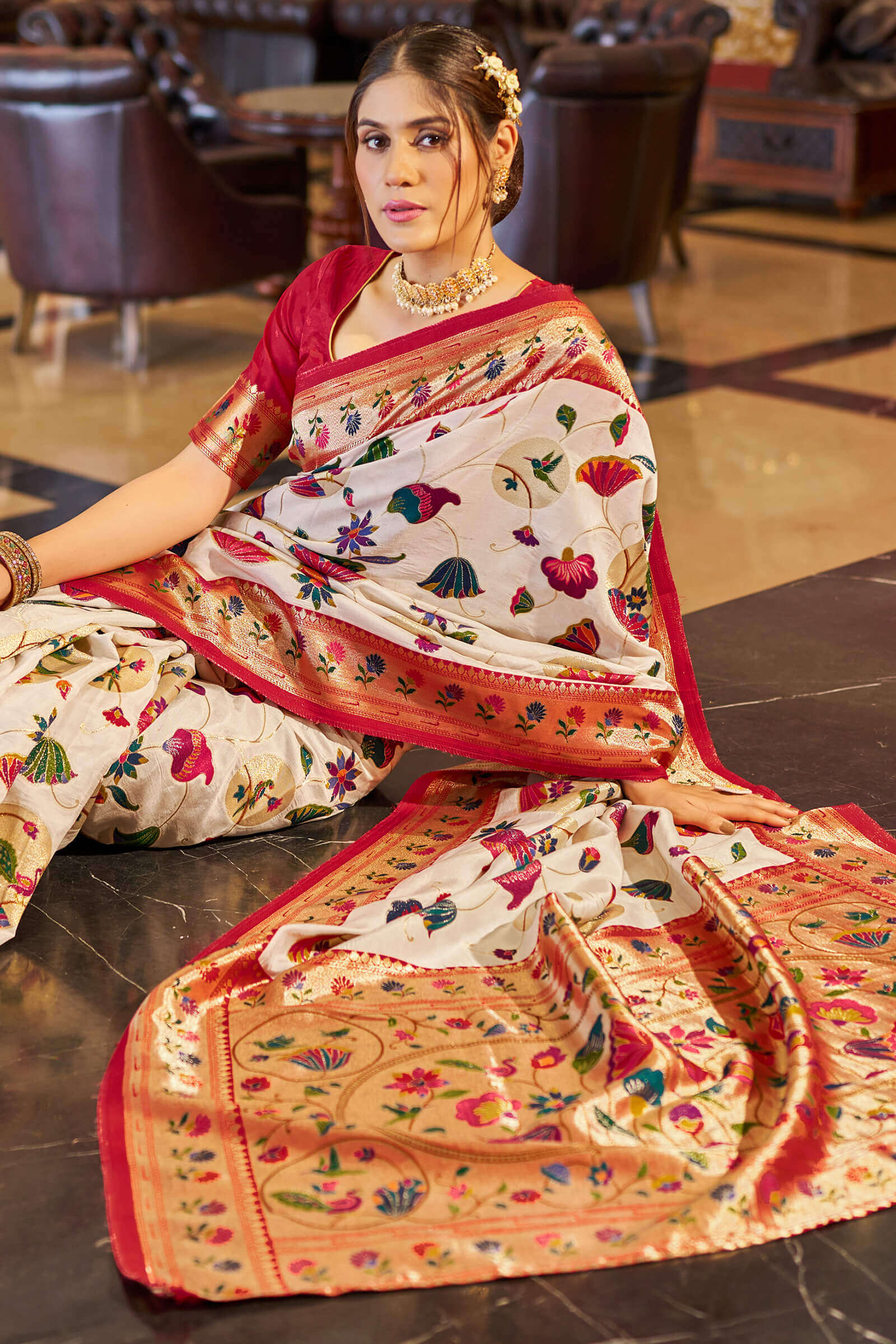 Precious Off White Paithani Silk Saree With Exuberant Blouse Piece