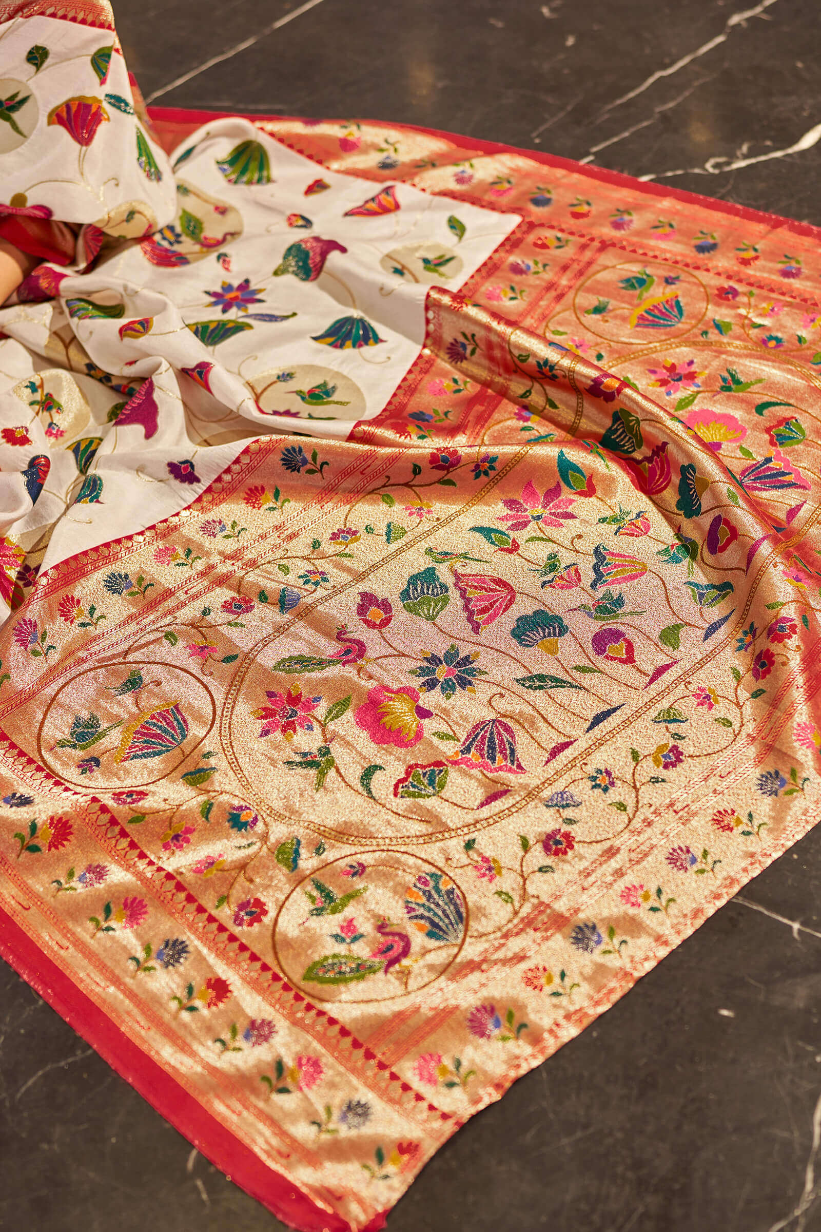 Precious Off White Paithani Silk Saree With Exuberant Blouse Piece