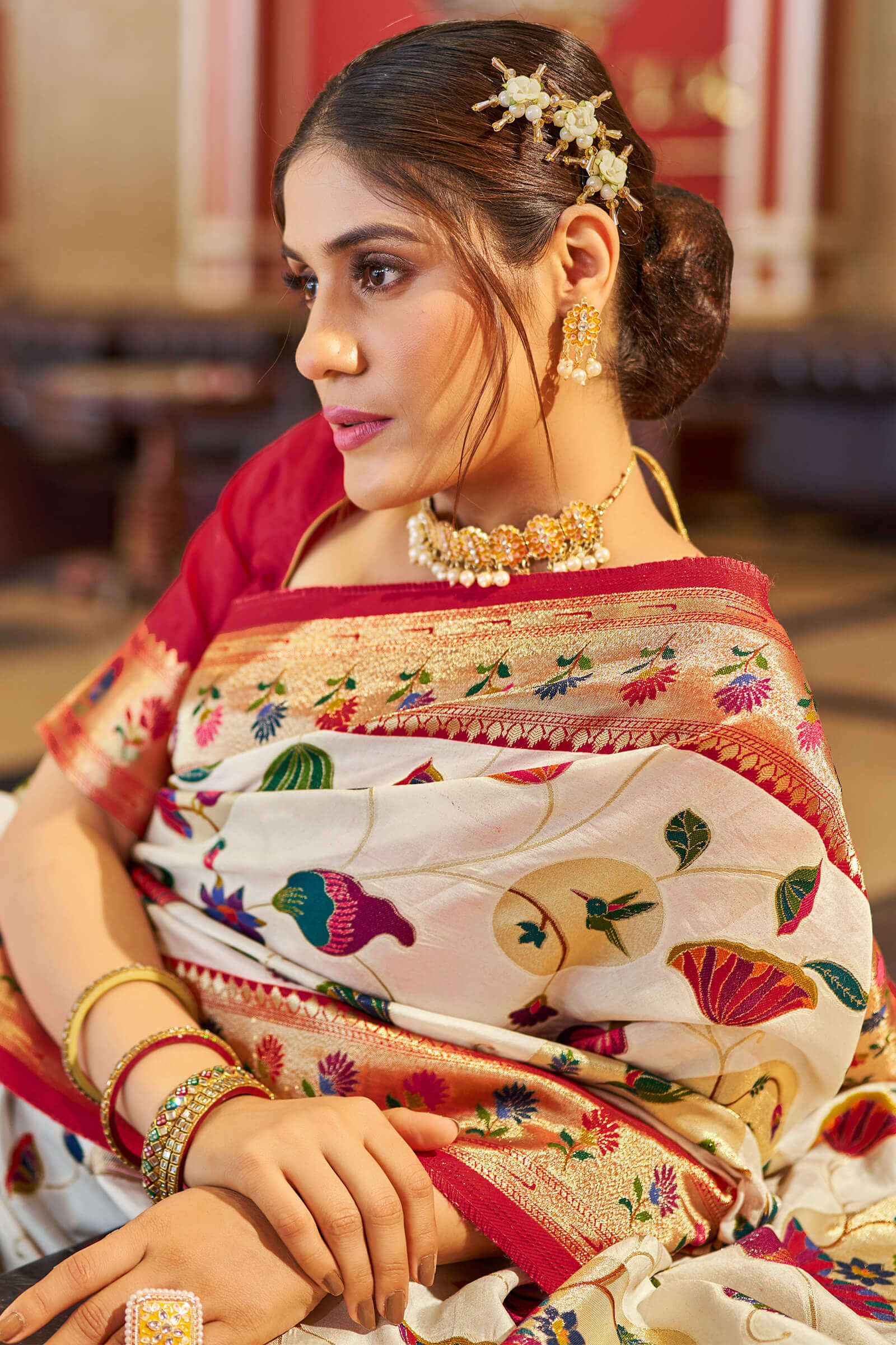 Precious Off White Paithani Silk Saree With Exuberant Blouse Piece