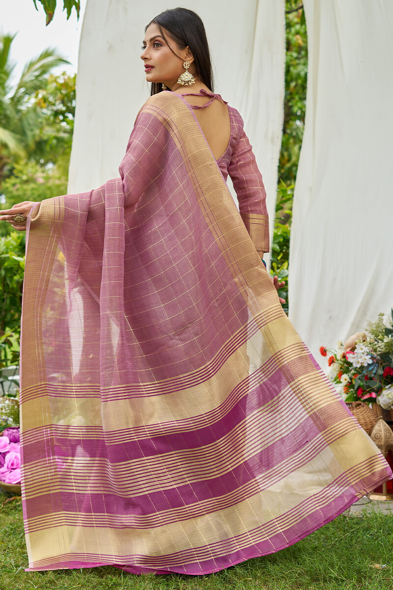 Beguiling Lavender Soft Banarasi Tissue Silk Saree With Brood Blouse Piece