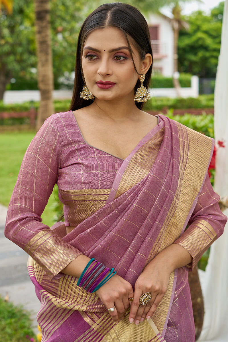 Beguiling Lavender Soft Banarasi Tissue Silk Saree With Brood Blouse Piece