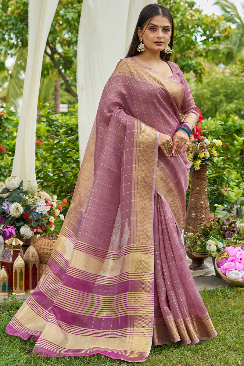 Beguiling Lavender Soft Banarasi Tissue Silk Saree With Brood Blouse Piece
