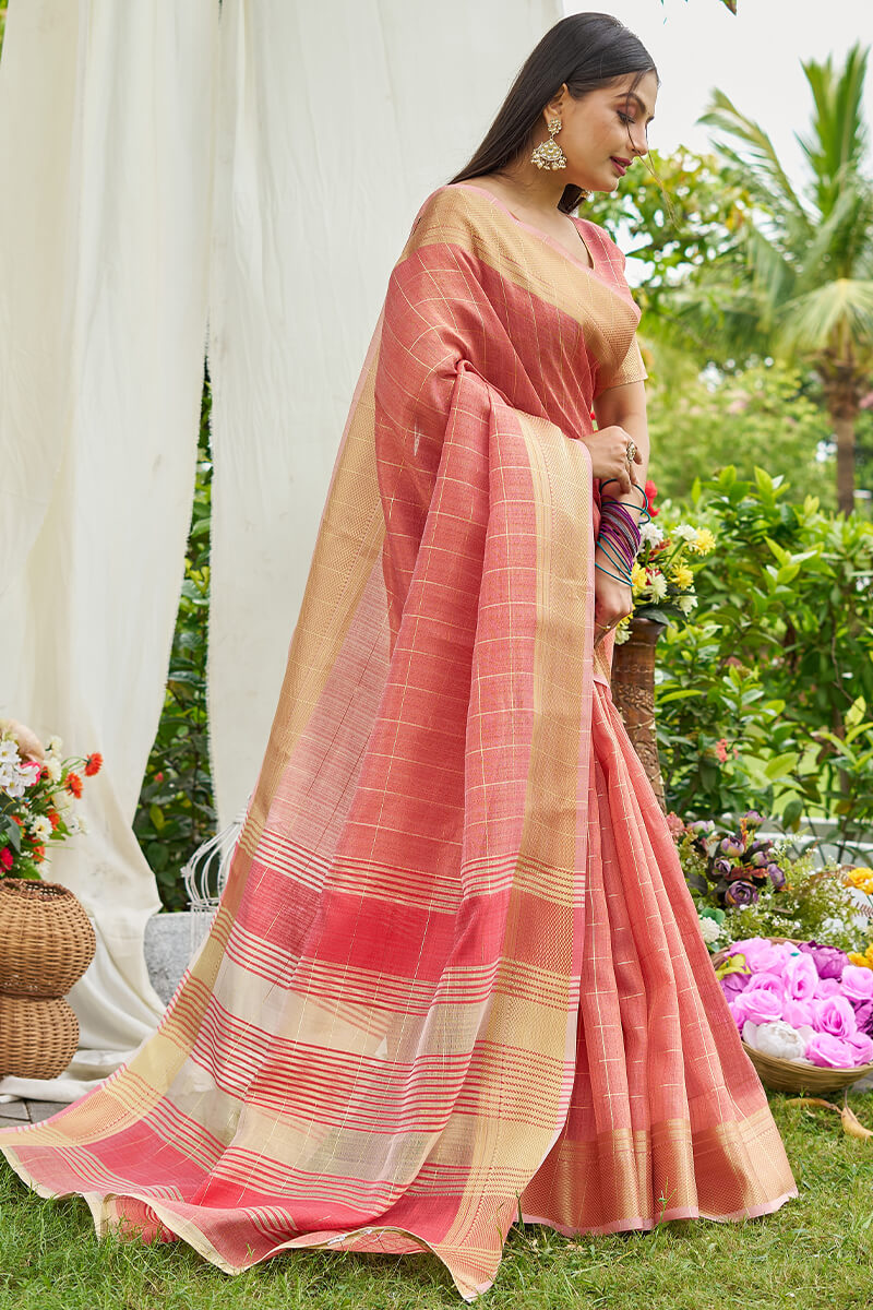Gorgeous Peach Soft Banarasi Tissue Silk Saree With Delightful Blouse Piece