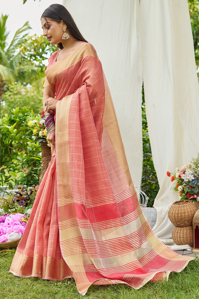 Gorgeous Peach Soft Banarasi Tissue Silk Saree With Delightful Blouse Piece