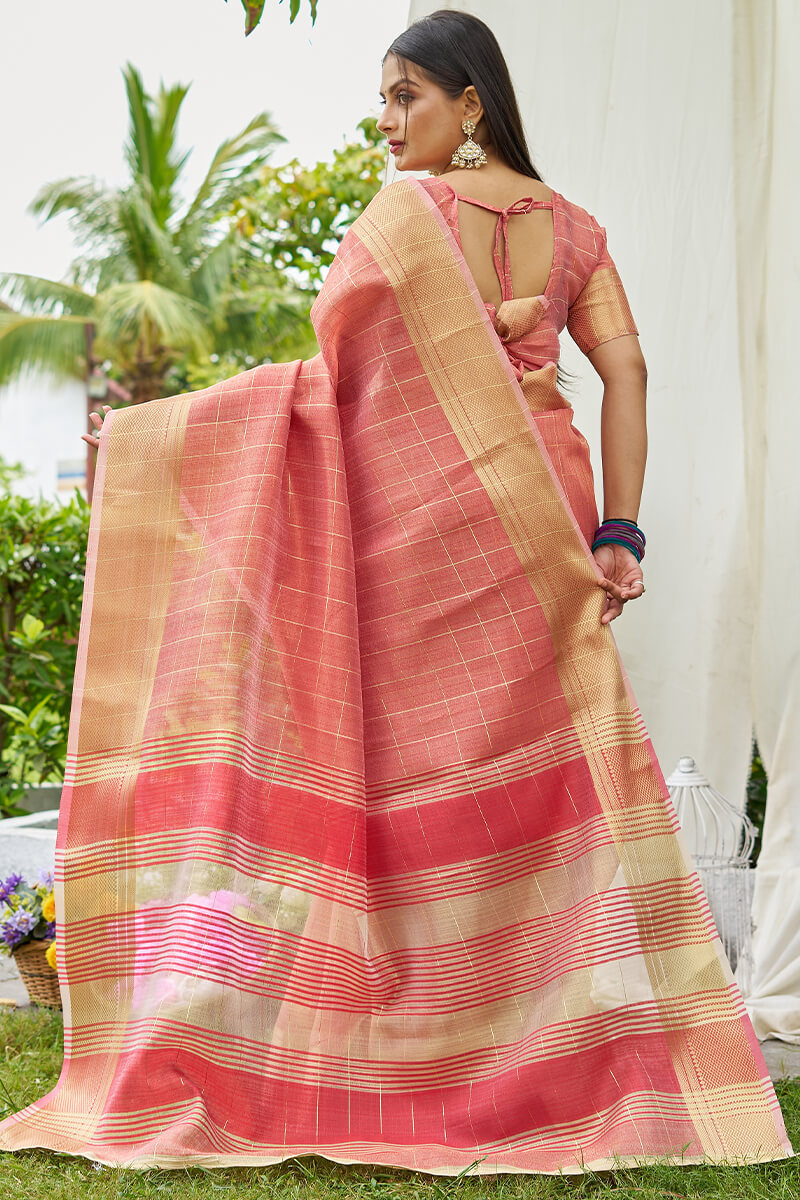 Gorgeous Peach Soft Banarasi Tissue Silk Saree With Delightful Blouse Piece