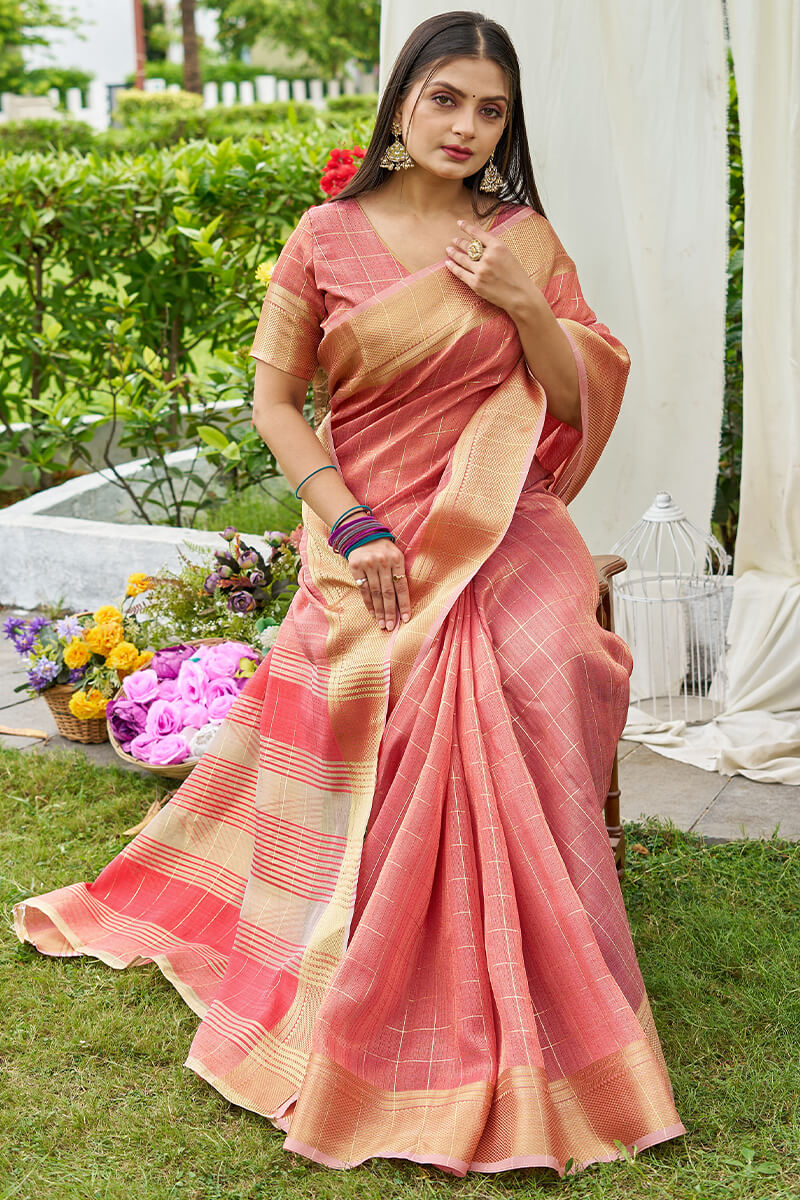 Gorgeous Peach Soft Banarasi Tissue Silk Saree With Delightful Blouse Piece