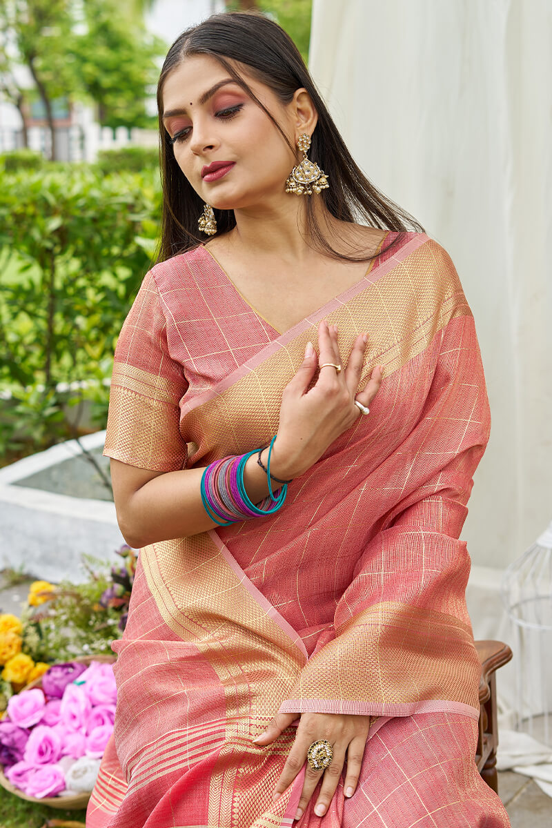 Gorgeous Peach Soft Banarasi Tissue Silk Saree With Delightful Blouse Piece