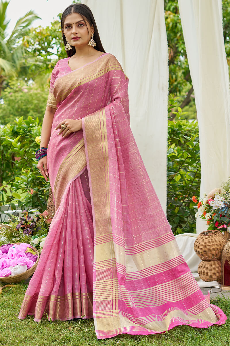 Desiring Pink Soft Banarasi Tissue Silk Saree With Smashing Blouse Piece