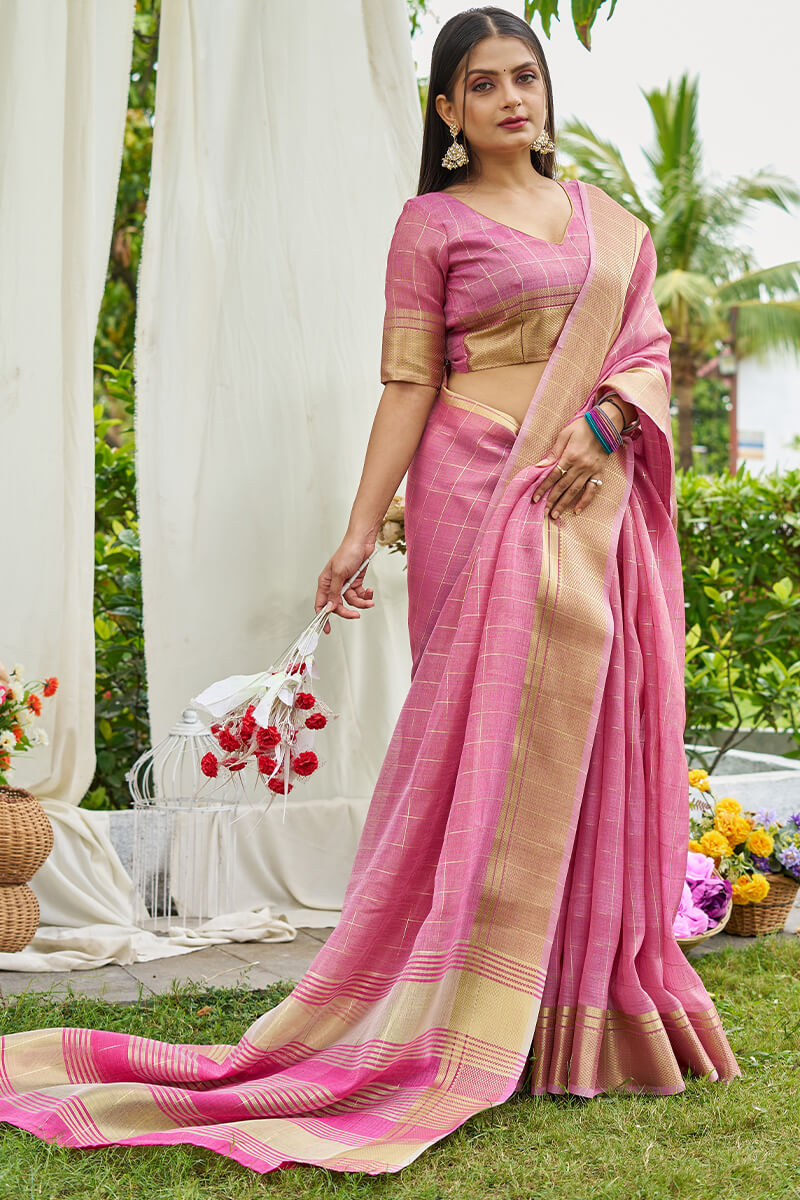 Desiring Pink Soft Banarasi Tissue Silk Saree With Smashing Blouse Piece