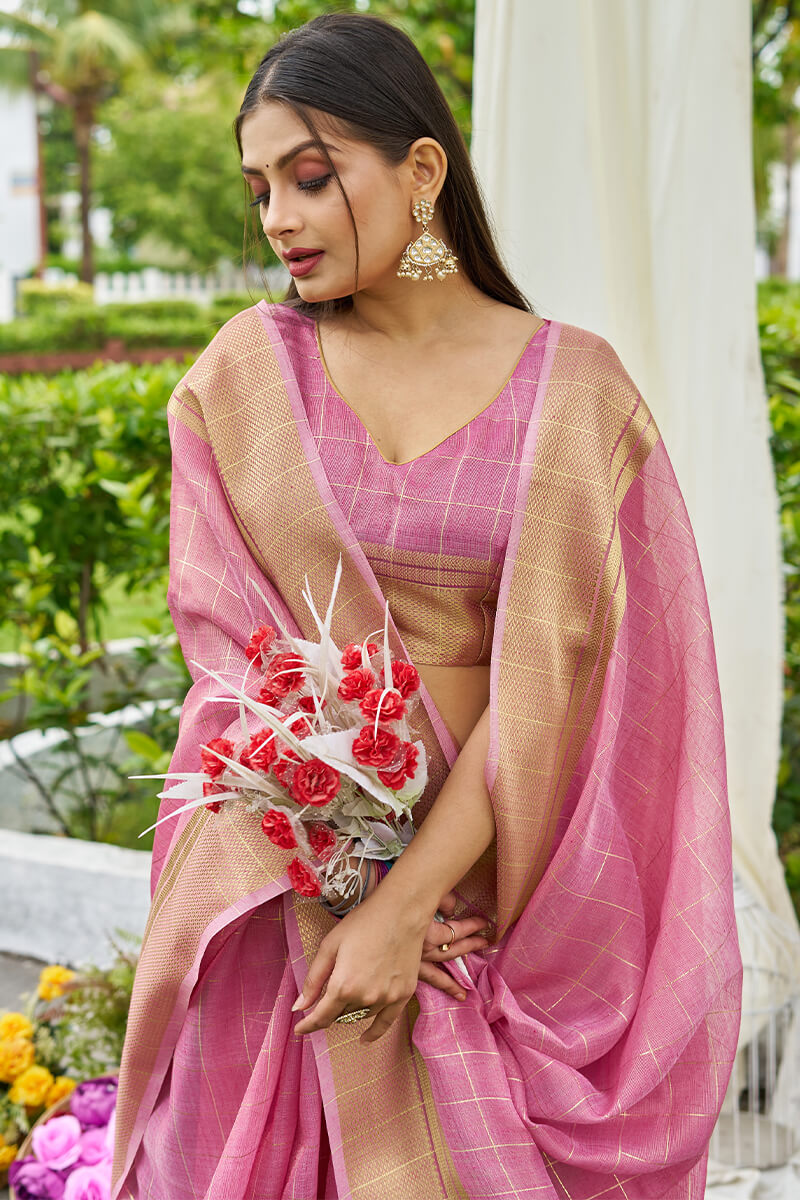 Desiring Pink Soft Banarasi Tissue Silk Saree With Smashing Blouse Piece