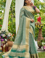 Prominent Sea Green Soft Banarasi Tissue Silk Saree With Woebegone Blouse Piece