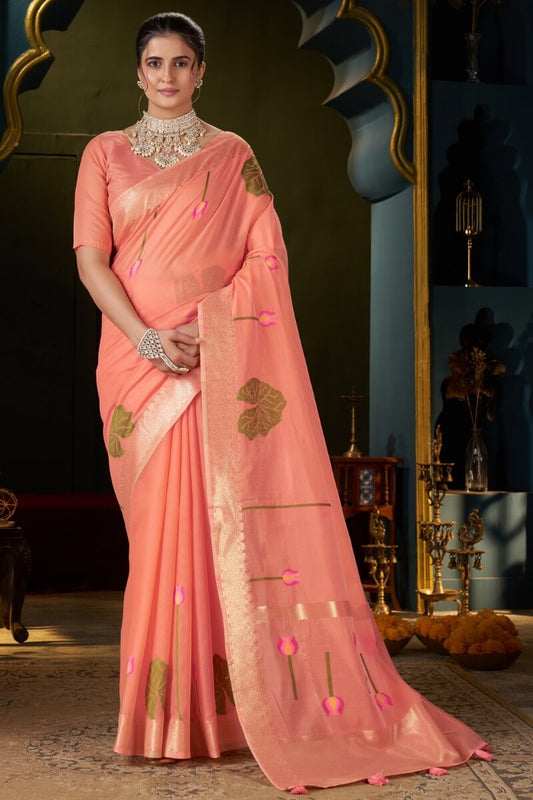 Precious Peach Cotton Silk Saree With Ravishing Blouse Piece