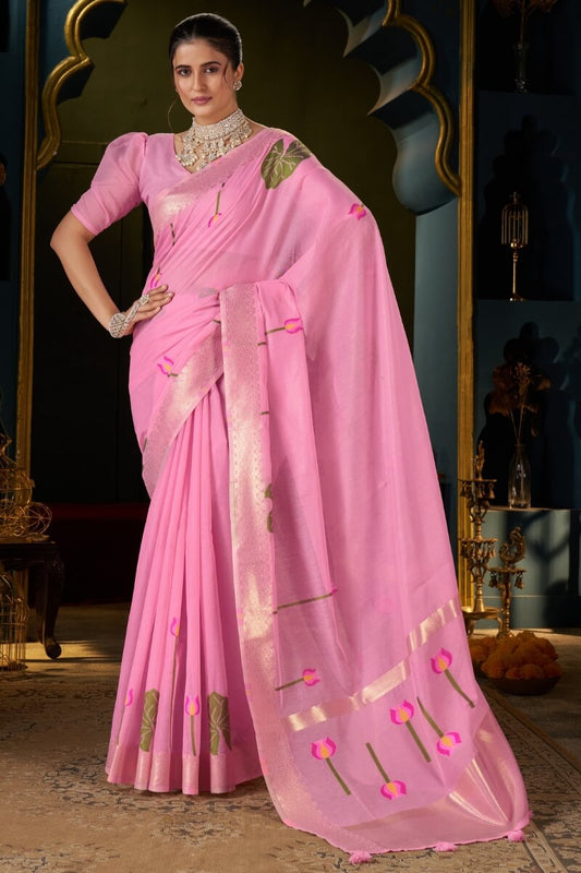 Adorning Pink Cotton Silk Saree With Magnificat Blouse Piece