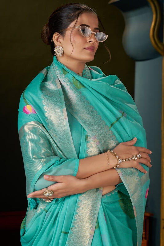 Conflate Turquoise Cotton Silk Saree With Gorgeous Blouse Piece