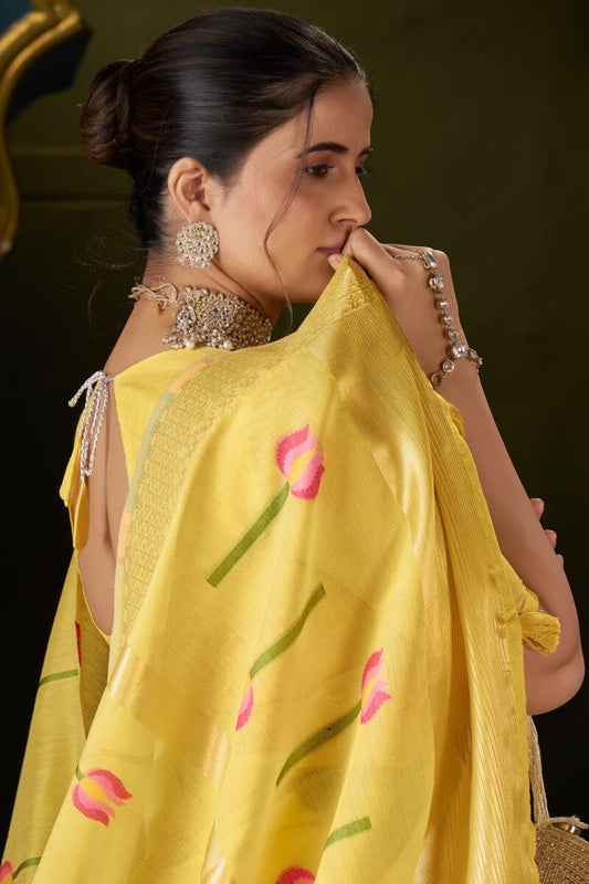 Murmurous Yellow Cotton Silk Saree With Quixotic Blouse Piece