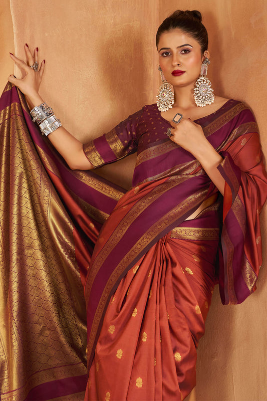 Sonorous Orange Pure Zari Weaving Banarasi Silk Saree With Moiety Blouse Piece