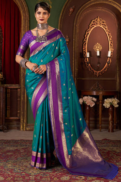 Glowing Rama Pure Zari Weaving Banarasi Silk Saree With Propinquity Blouse Piece
