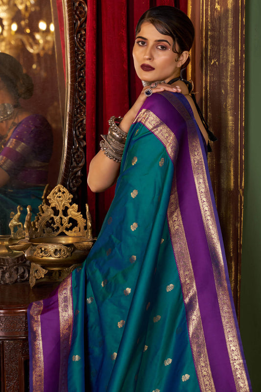 Glowing Rama Pure Zari Weaving Banarasi Silk Saree With Propinquity Blouse Piece