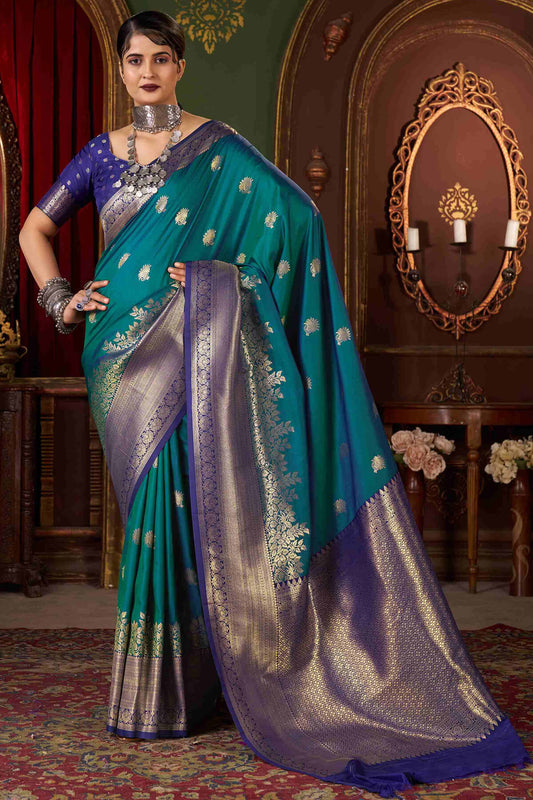 Sumptuous Rama Pure Zari Weaving Banarasi Silk Saree With Tremendous Blouse Piece