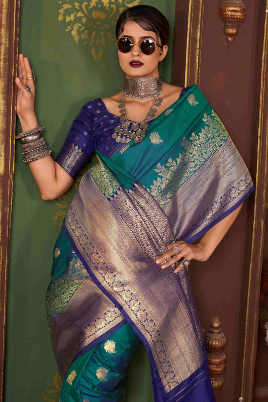 Sumptuous Rama Pure Zari Weaving Banarasi Silk Saree With Tremendous Blouse Piece