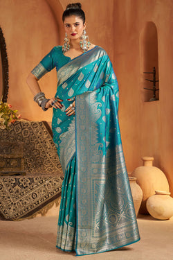Allure Firozi Pure Banarasi Silk Saree With Aplomb Blouse Piece