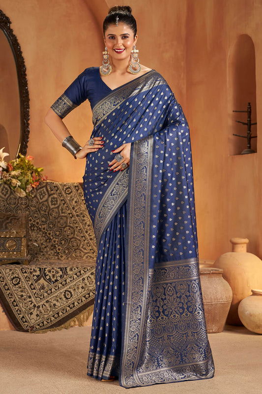 Forbearance Navy Blue Pure Banarasi Silk Saree With Desultory Blouse Piece