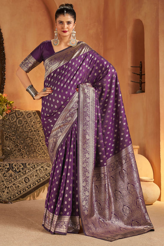Imbrication Purple Pure Banarasi Silk Saree With Embrocation Blouse Piece