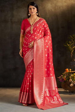 Blooming Red Pure Banarasi Silk Saree With Designer Blouse Piece