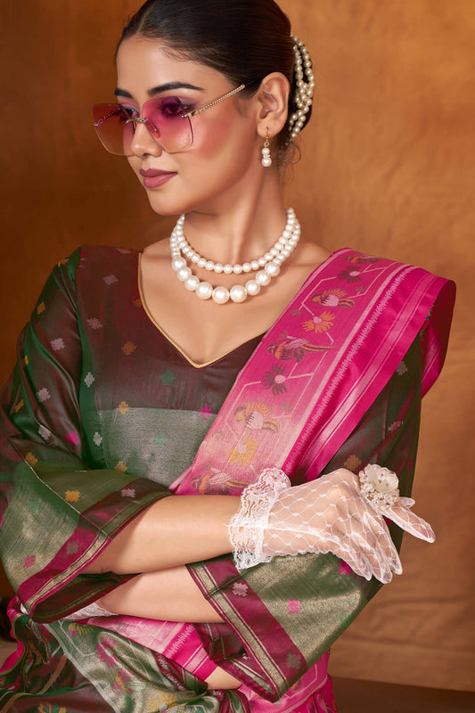 Prominent Dark Pink Paithani Silk Saree With Innovative Blouse Piece