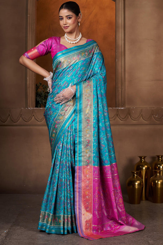 Scintillating Firozi Paithani Silk Saree With Luxuriant Blouse Piece